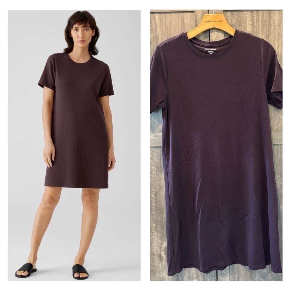 EILEEN FISHER XS Dress Organic Cotton Interlock Crew Neck Knee Length Maroon